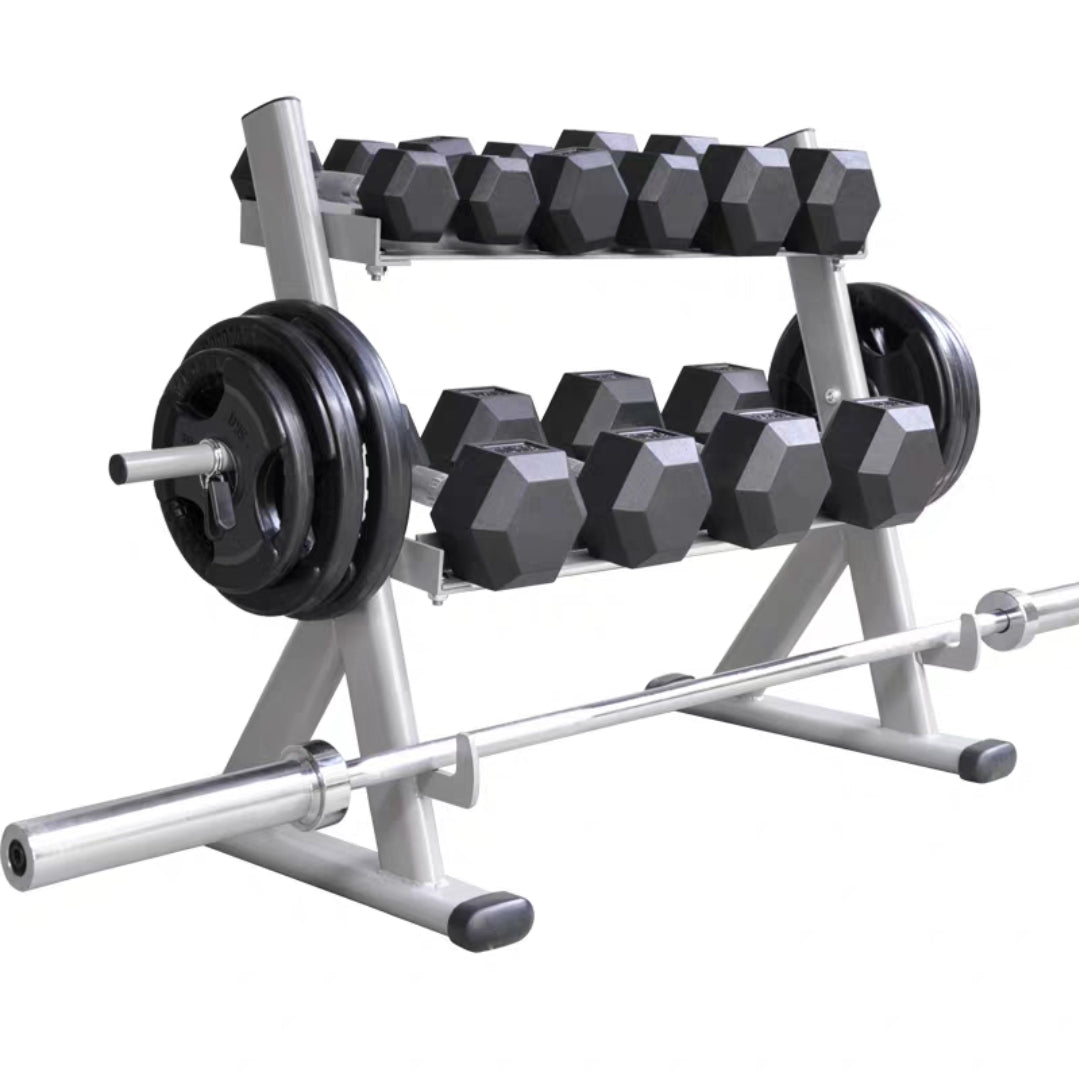2-Tier Dumbbell Rack with Side Weight Plate Storage & Barbell Storage