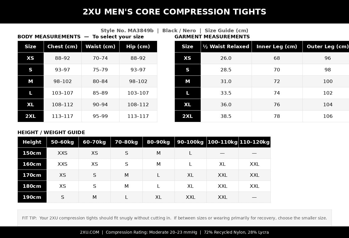 Authentic 2XU Men's Core Compression Tights - Black/Nero