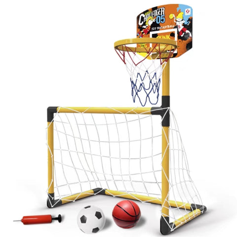 Kids Portable Mini Indoor Basketball Stand Net Hoop and Football Soccer Goal 2 in 1