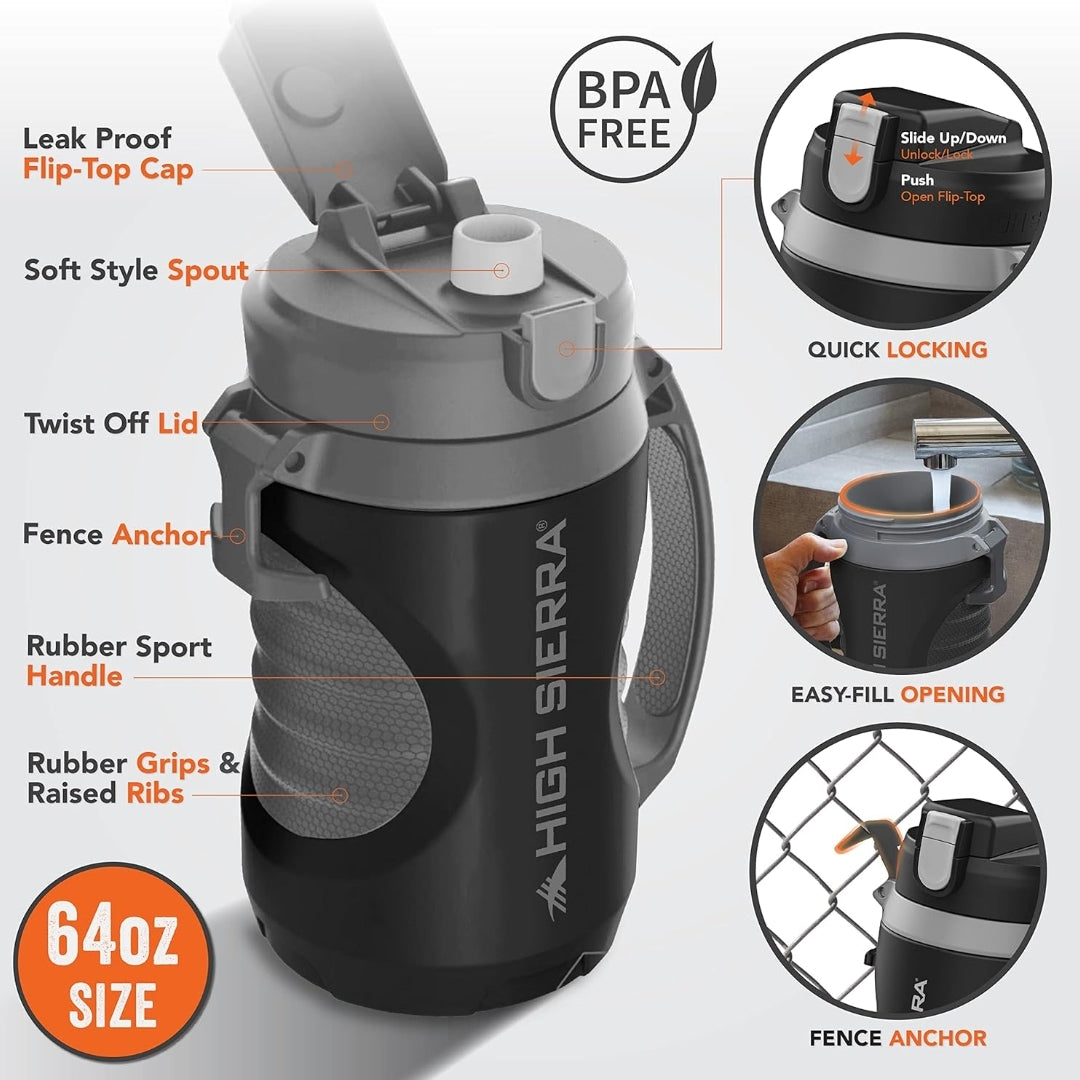 High Sierra 1.9L Insulated Water Bottle – Double Wall Jug, Leakproof Flip-Top Lid, Large Jug with  BPA-Free
