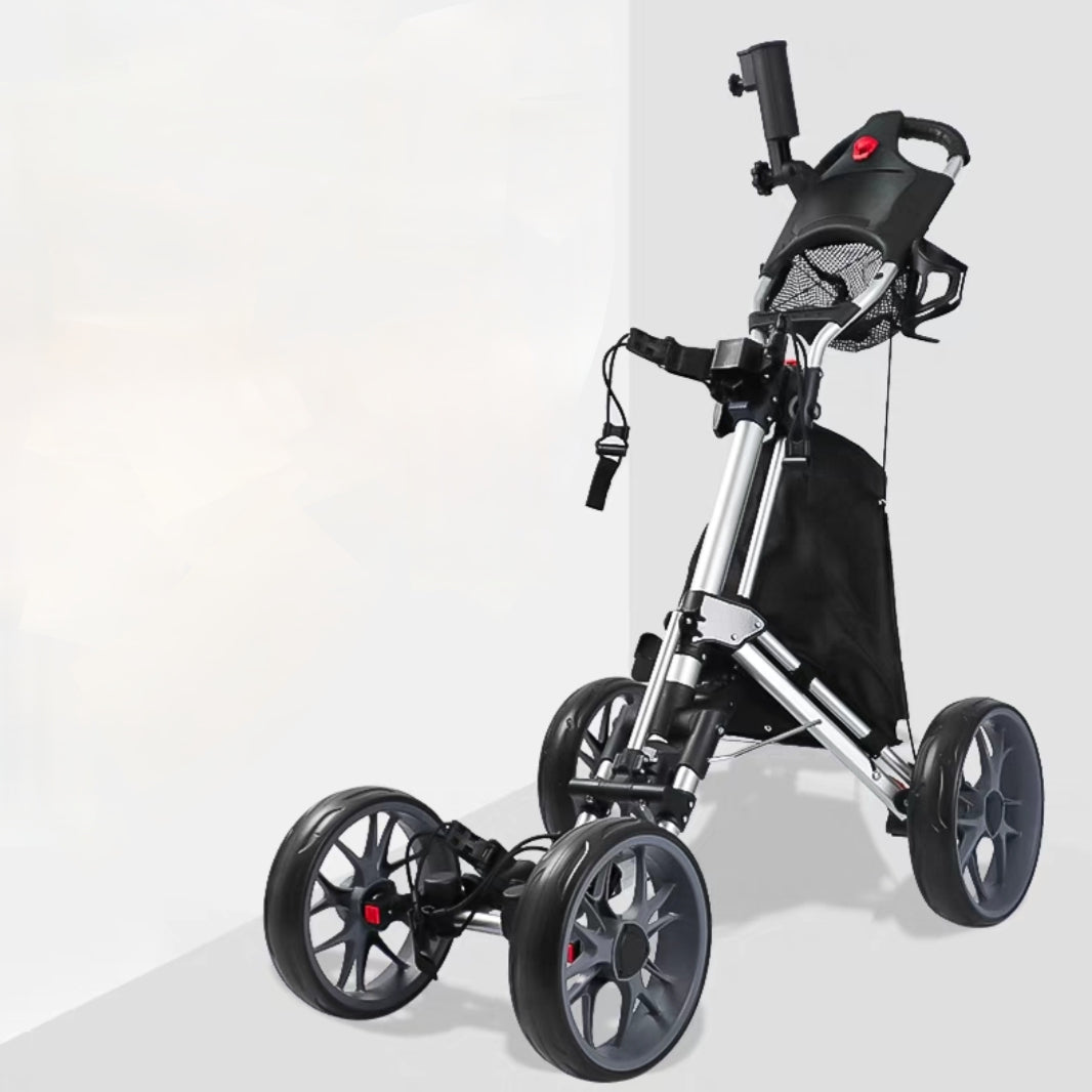 Golf Push Cart 4-Wheels,Folding Golf Cart, Golf Pull cart with Cup Holder,Umbrella Holder,Cooler Bag, Foldable with one-Click,Handle Height Adjustable,Drink Holder,Walking Push cart