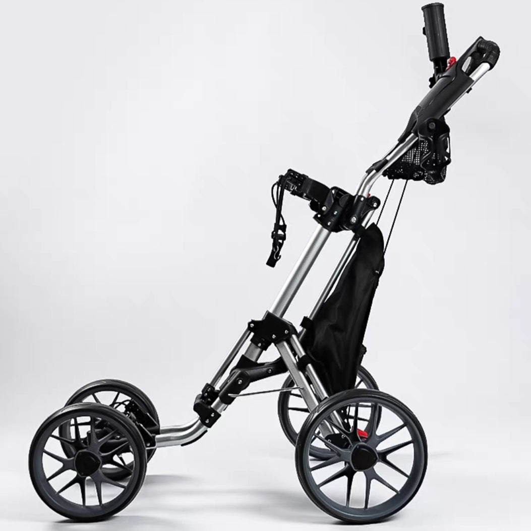 Golf Push Cart 4-Wheels,Folding Golf Cart, Golf Pull cart with Cup Holder,Umbrella Holder,Cooler Bag, Foldable with one-Click,Handle Height Adjustable,Drink Holder,Walking Push cart