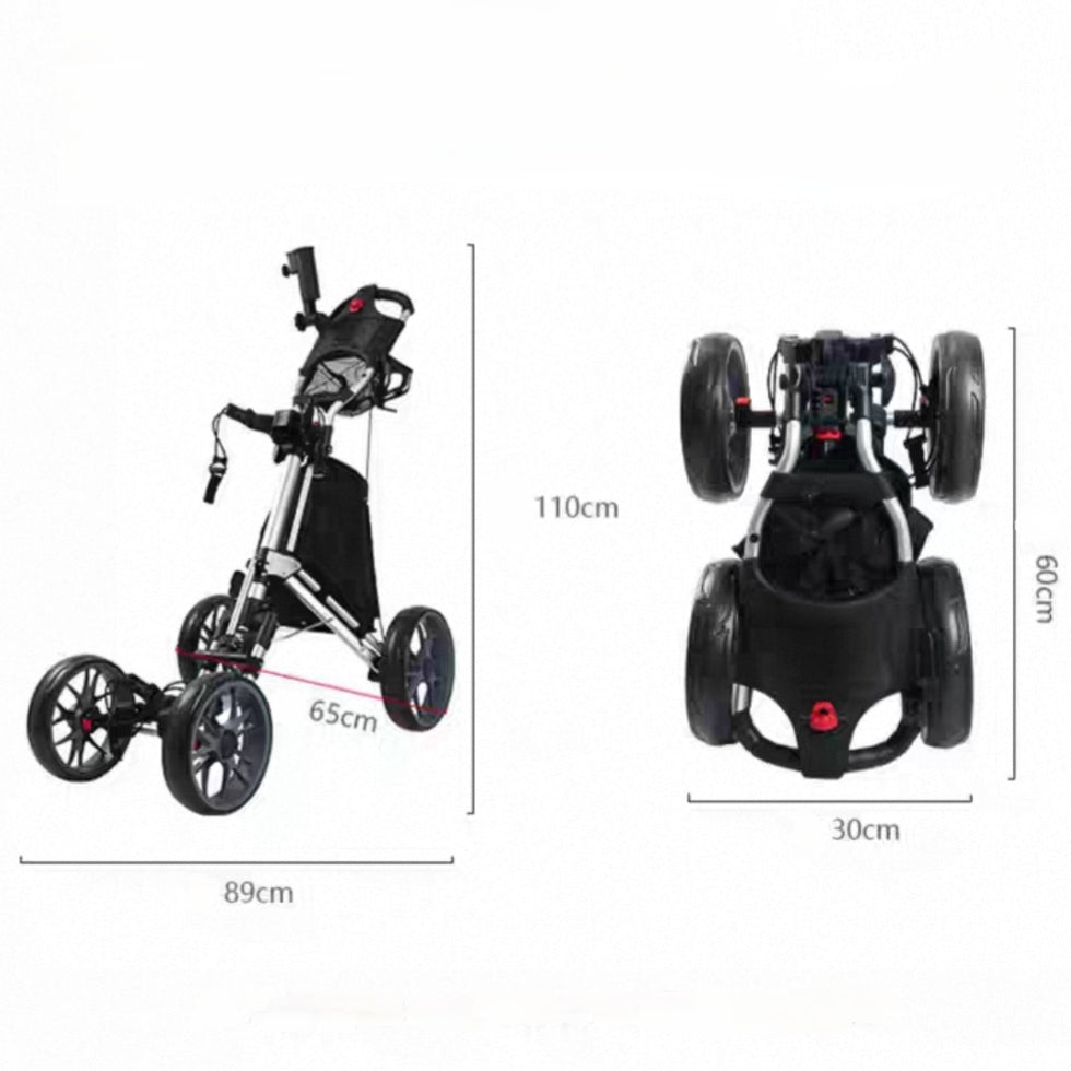 Golf Push Cart 4-Wheels,Folding Golf Cart, Golf Pull cart with Cup Holder,Umbrella Holder,Cooler Bag, Foldable with one-Click,Handle Height Adjustable,Drink Holder,Walking Push cart