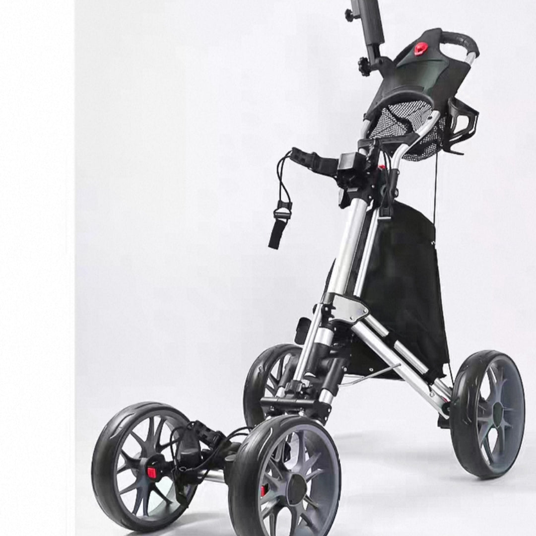 Golf Push Cart 4-Wheels,Folding Golf Cart, Golf Pull cart with Cup Holder,Umbrella Holder,Cooler Bag, Foldable with one-Click,Handle Height Adjustable,Drink Holder,Walking Push cart