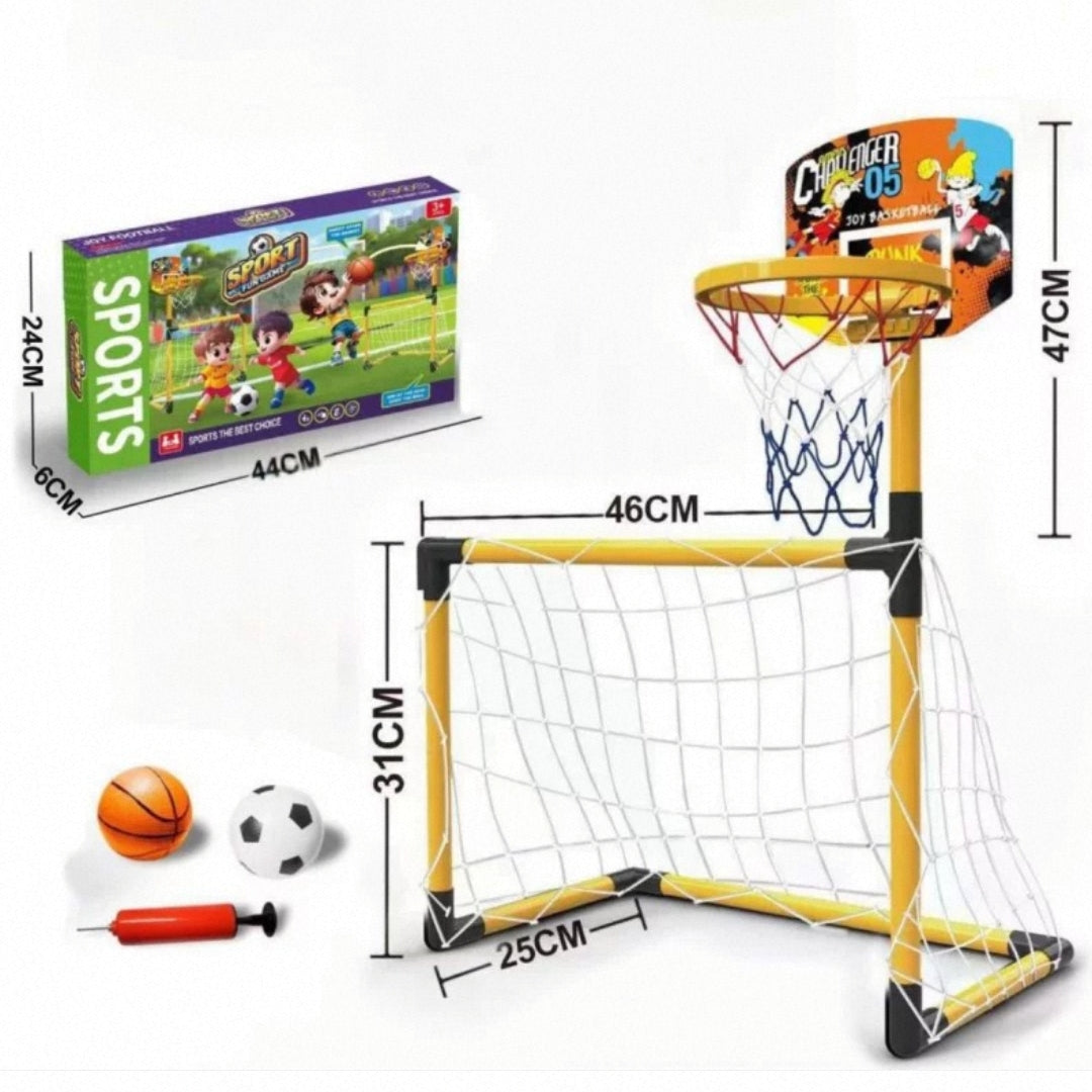 Kids Portable Mini Indoor Basketball Stand Net Hoop and Football Soccer Goal 2 in 1