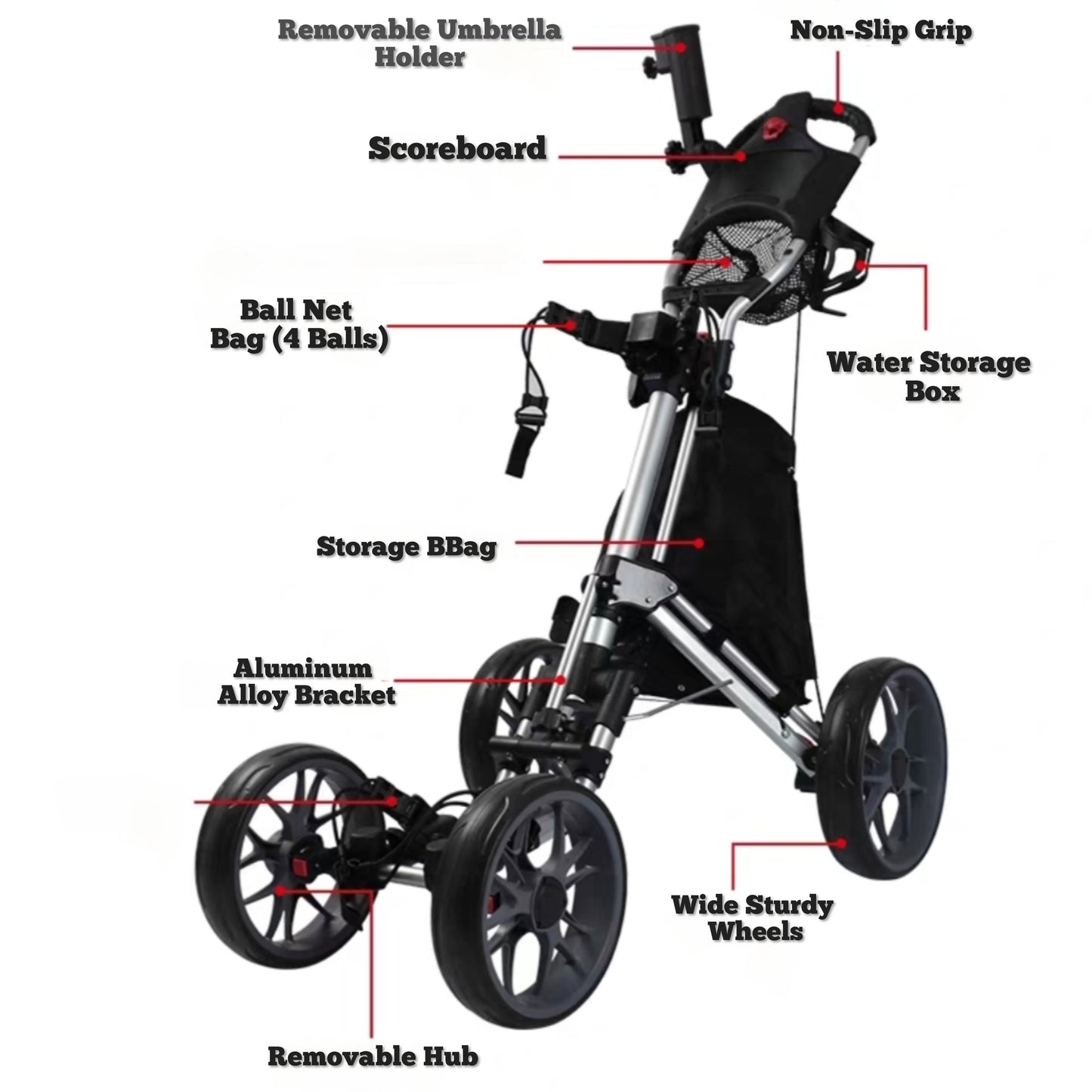 Golf Push Cart 4-Wheels,Folding Golf Cart, Golf Pull cart with Cup Holder,Umbrella Holder,Cooler Bag, Foldable with one-Click,Handle Height Adjustable,Drink Holder,Walking Push cart