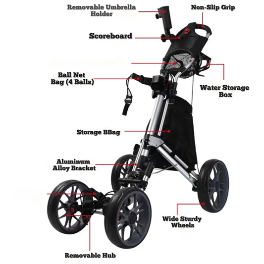 Golf Push Cart 4-Wheels,Folding Golf Cart, Golf Pull cart with Cup Holder,Umbrella Holder,Cooler Bag, Foldable with one-Click,Handle Height Adjustable,Drink Holder,Walking Push cart