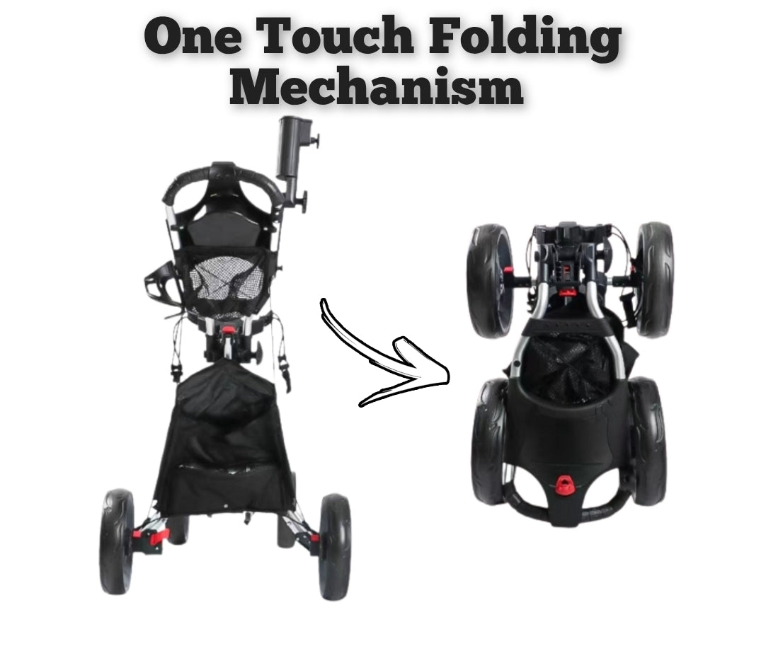 Golf Push Cart 4-Wheels,Folding Golf Cart, Golf Pull cart with Cup Holder,Umbrella Holder,Cooler Bag, Foldable with one-Click,Handle Height Adjustable,Drink Holder,Walking Push cart