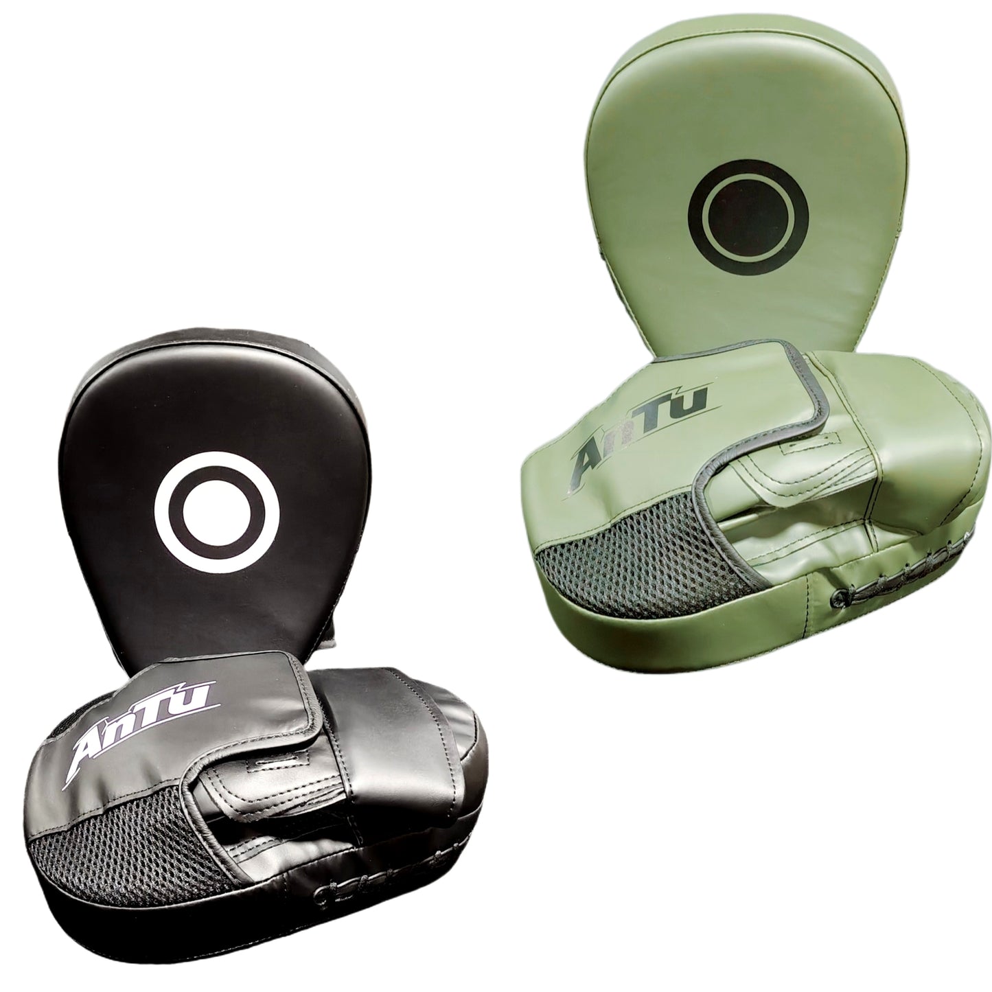 Curved Focus Boxing Punching Mitts — PU Leather, Water Resistant (Military Green / All Black)
