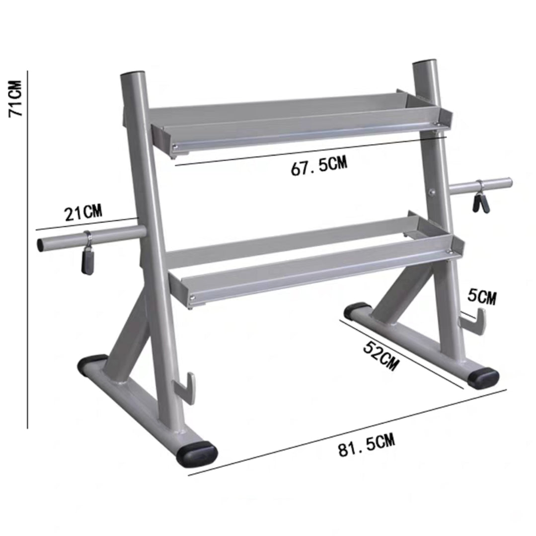 2-Tier Dumbbell Rack with Side Weight Plate Storage & Barbell Storage