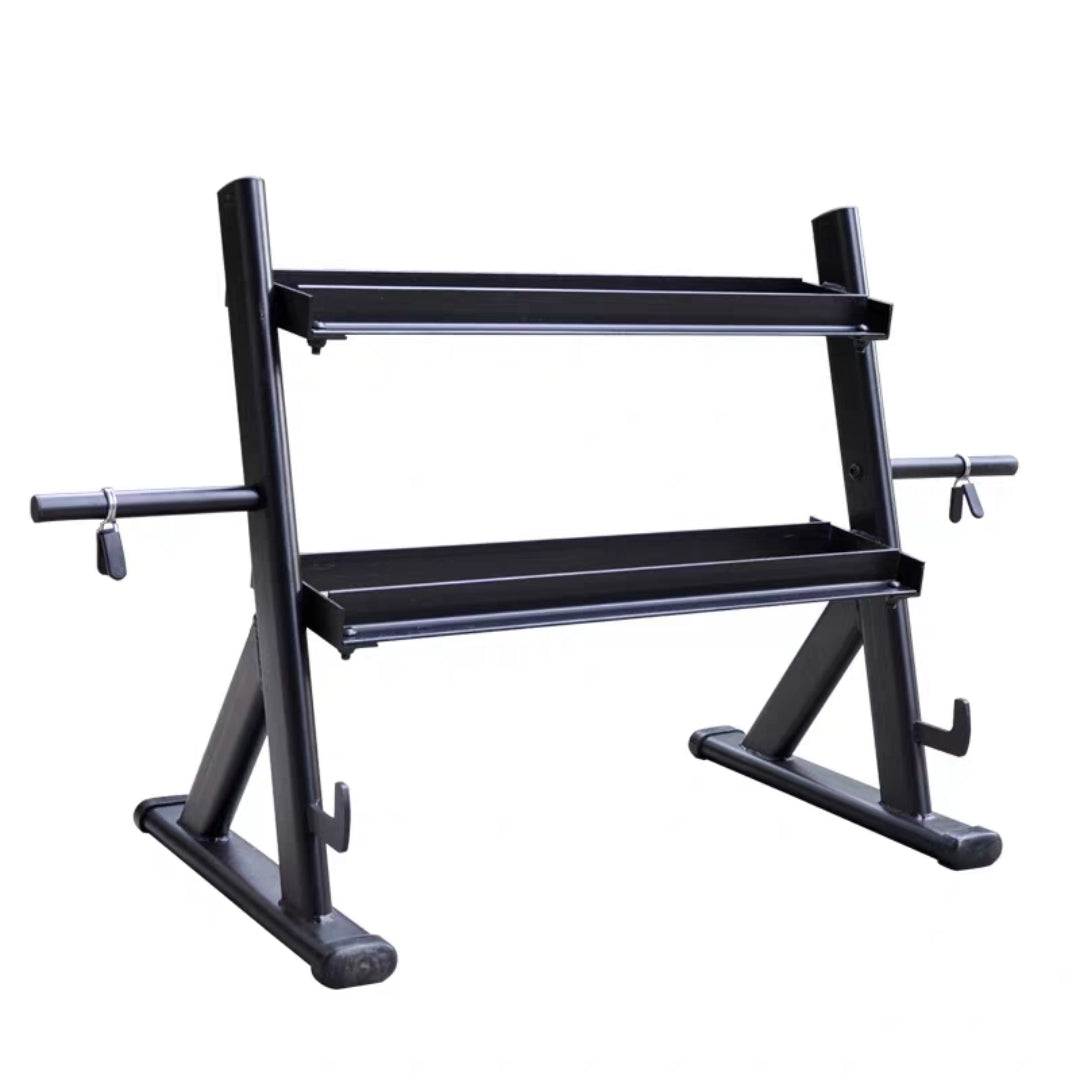 2-Tier Dumbbell Rack with Side Weight Plate Storage & Barbell Storage
