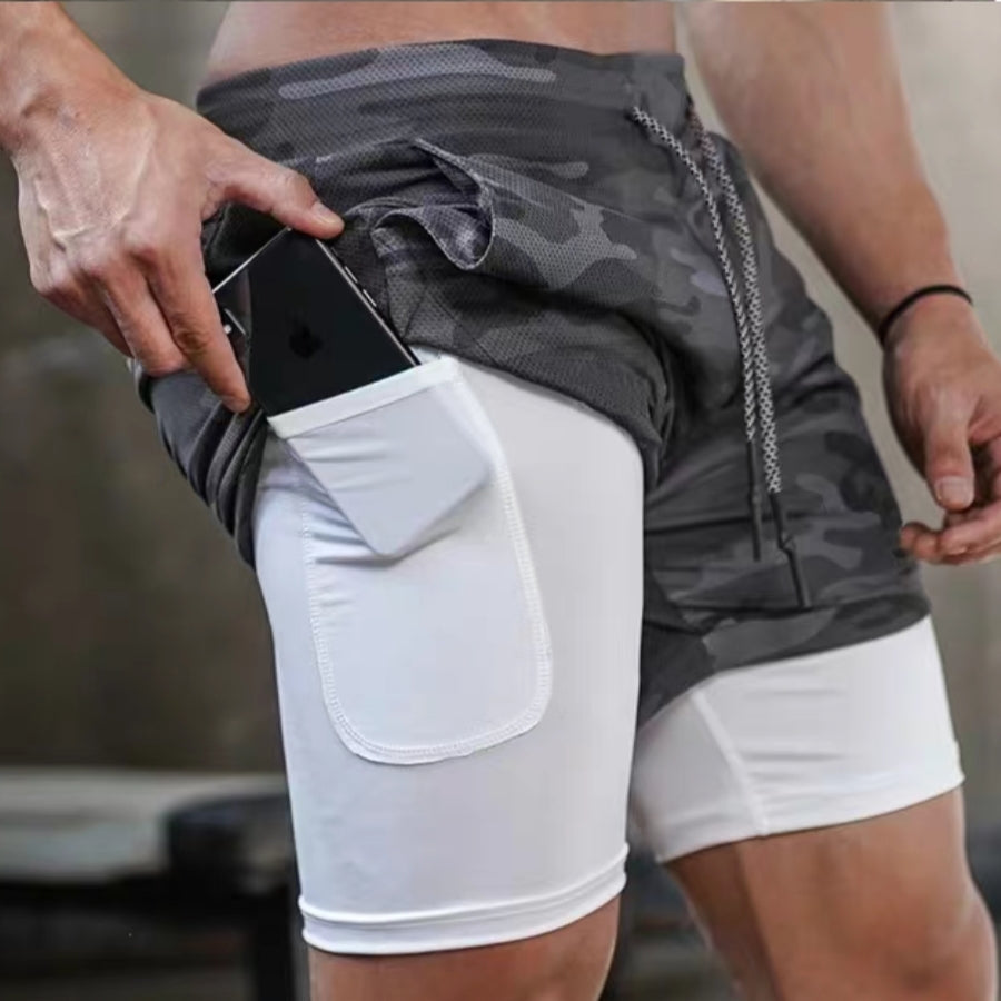 3 In 1 Sports Gym Shorts With Phone Pocket And Towel Loop Integrated Compression Tights