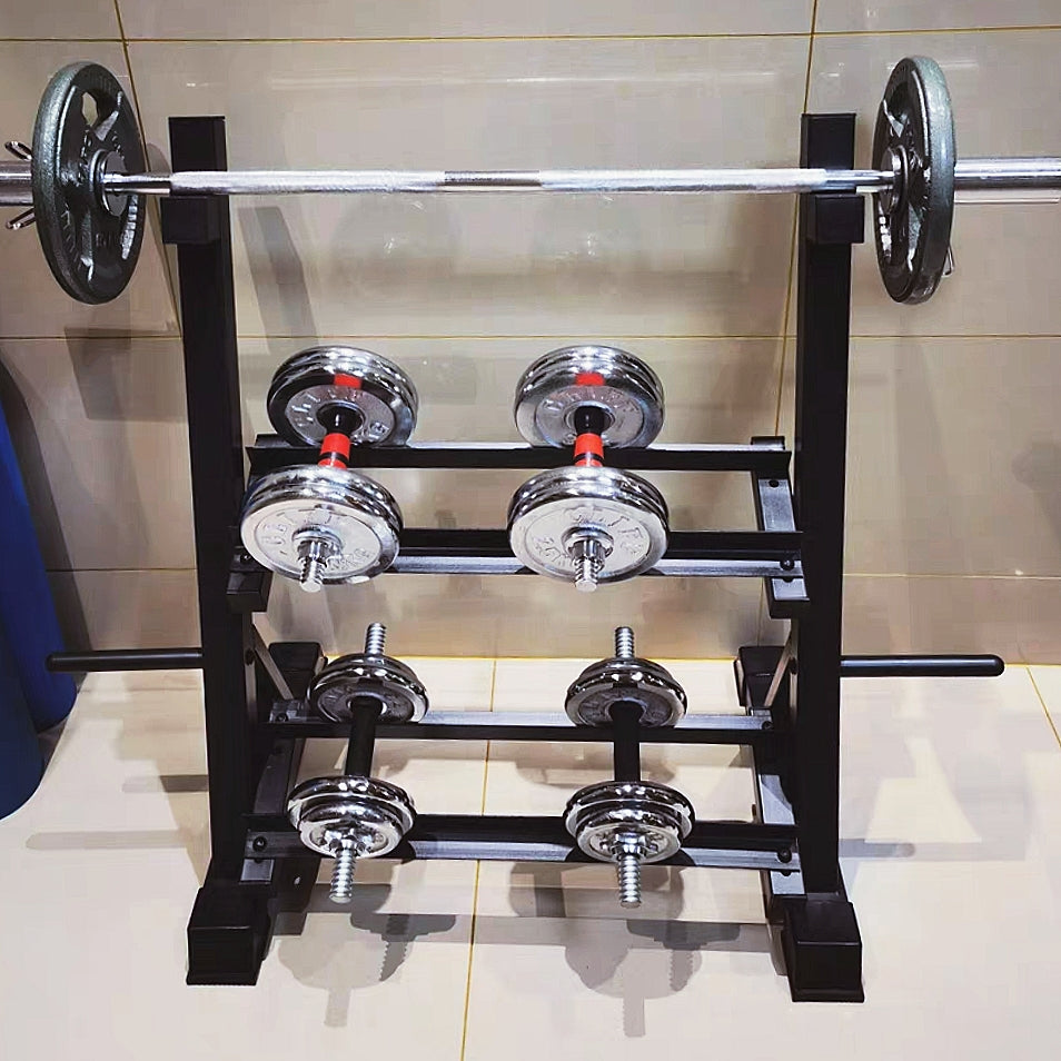 Barbell and Dumbbell Rack with Plate storage and Adjustable Rail Width