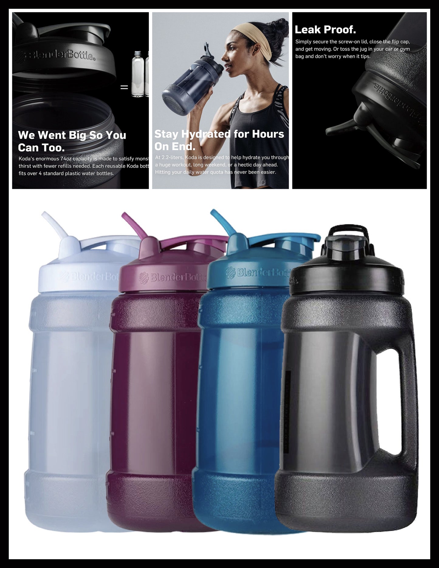Blender Bottle Koda 74oz Series Super Large Capacity Sports Water Bottle 2.2 L