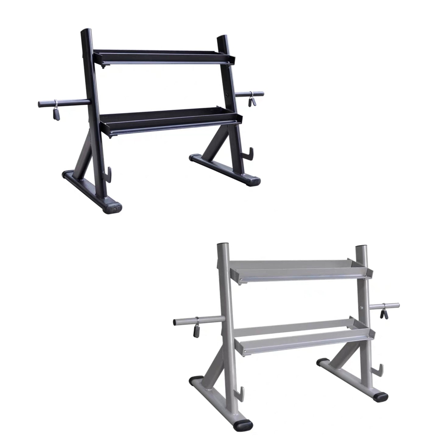 2-Tier Dumbbell Rack with Side Weight Plate Storage & Barbell Storage